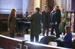 CASTLE - "The Good, The Bad & The Baby" -- A bleeding man stumbles into a church, but just before dying, he hands a mysterious bundle to the priest. When the bundle turns out to be a smiling baby boy, Castle and Beckett find themselves accidental nannies to the newborn. But when they determine the baby and the victim were not related, they discover that finding his rightful parents may be just as hard as solving the murder, on "Castle," MONDAY, NOVEMBER 25 (10:01-11:00 p.m., ET) on the ABC Television Network. (ABC/Ron Tom) STANA KATIC, NATHAN FILLION, SEAMUS DEVER, JON HUERTAS, DON BALDARAMOS, TAMALA JONES