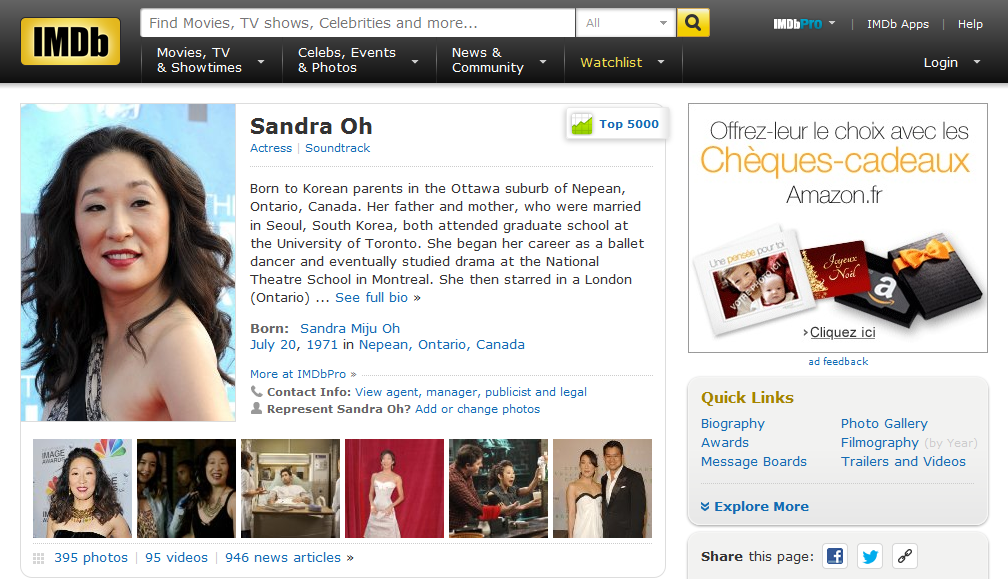 Sandra Oh IMDb Page